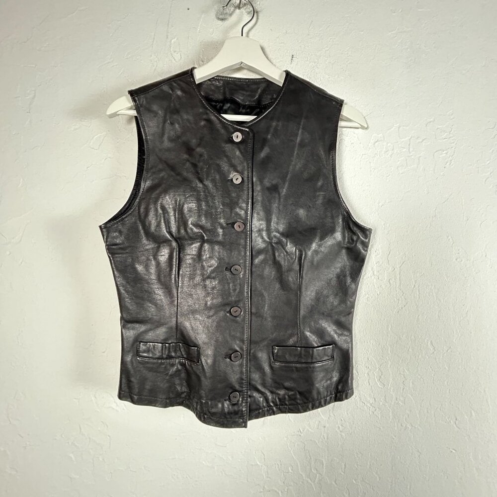 Banana Republic Women Black Genuine Leather Button Down Vest Jacket Size 6 Lined
